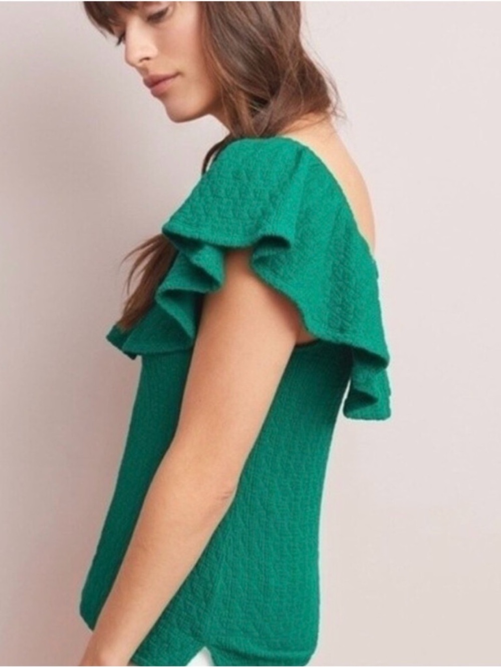 Anthropologie Emerald Green Ruffle Textured One-Shoulder Camisole - Picture 2 of 8